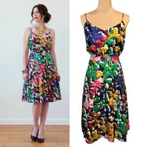 J. Crew Printed Silk Dress Sz 10 Spaghetti Straps Fit & Flare Feminine Brights